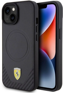 Apple iPhone 15 (6.1) Kılıf Ferrari Orjinal Lisanslı Magsafe Şarj Özellikli Metal Logolu PU Karbon Kapak - Siyah