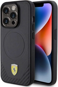 Apple iPhone 15 Pro (6.1) Kılıf Ferrari Orjinal Lisanslı Magsafe Şarj Özellikli Metal Logolu PU Karbon Kapak - Siyah