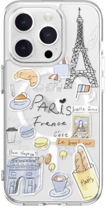 Apple iPhone 15 Pro Magsafe Şarj Özellikli Çizim Desenli Şok Önleyicili Şeffaf Switcheasy City-M Paris Kapak - Şeffaf