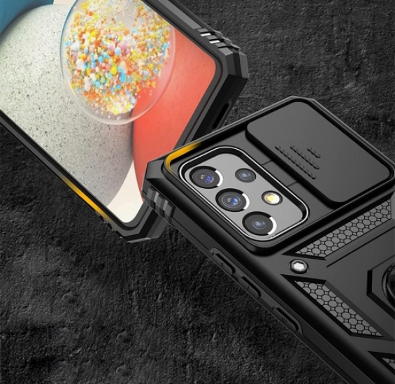 Samsung Galaxy M13 Kılıf Zırhlı Standlı Sürgülü Lens Korumalı Pars Kapak - Siyah