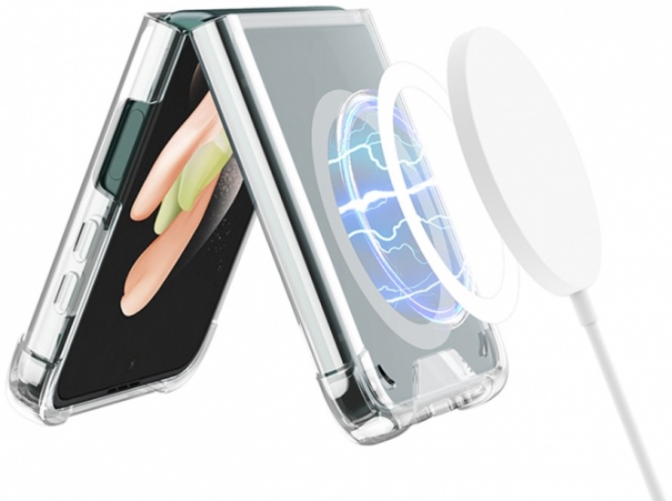 Samsung Galaxy Z Flip 4 Kılıf Wireless Şarj Özellikli Airbagli Kıpta Anti Shock Magsafe Kapak - Şeffaf