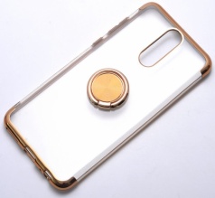 Huawei Mate 10 Lite Kılıf Renkli Köşeli Yüzüklü Standlı Lazer Şeffaf Esnek Silikon - Gold