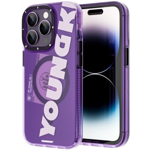 Apple iPhone 13 Pro Max Kılıf Magsafe Şarj Özellikli Youngkit Binfen Serisi Yazı Temalı Kapak - Mor