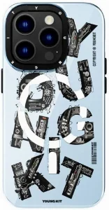 Apple iPhone 14 Pro Max Kılıf Magsafe Şarj Özellikli Yazı Temalı YoungKit Mechanic Serisi Kapak - Mavi