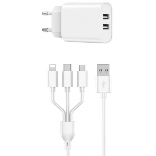 Wiwu Wi-U003 Quick 2.1A Dual USB Çıkışlı USB-A Hızlı Şarj Başlığı 3in1 Kablolu Şarj Seti - Beyaz