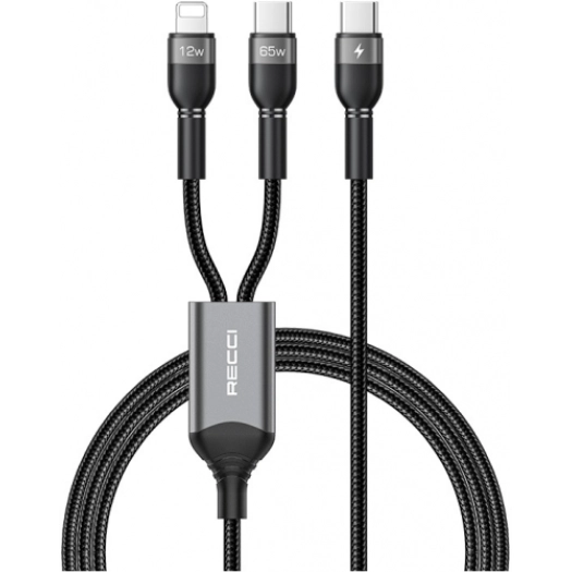 Recci RTC-T16 2 in 1 65W PD Hızlı Şarj Özellikli Lightning ve Type-C To Type-C PD Kablo 1.2M - Gri