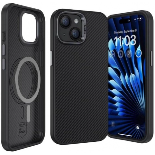 Apple iPhone 15 Kılıf Karbon Fiber Magsafe Şarj Özellikli Benks Hybrid ArmorPro 600D Kevlar Kapak - Siyah
