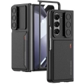 Galaxy Z Fold 5 Suni Deri Arka Yüzey Sürgülü Kamera Korumalı Zore Kartlıklı Kıpta Silikon Kapak - Siyah