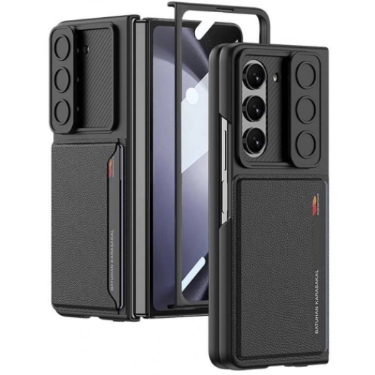 Galaxy Z Fold 5 Suni Deri Arka Yüzey Sürgülü Kamera Korumalı Zore Kartlıklı Kıpta Silikon Kapak - Siyah