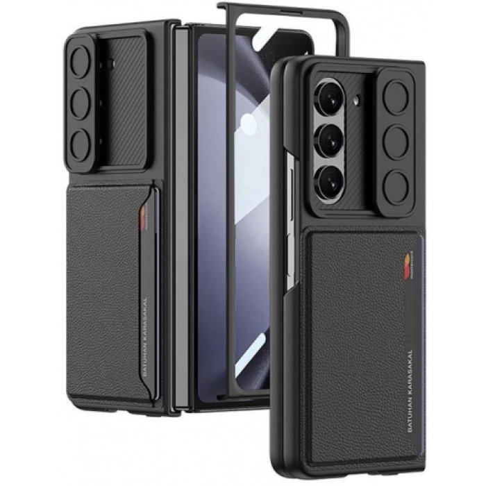 Galaxy Z Fold 5 Suni Deri Arka Yüzey Sürgülü Kamera Korumalı Zore Kartlıklı Kıpta Silikon Kapak - Siyah