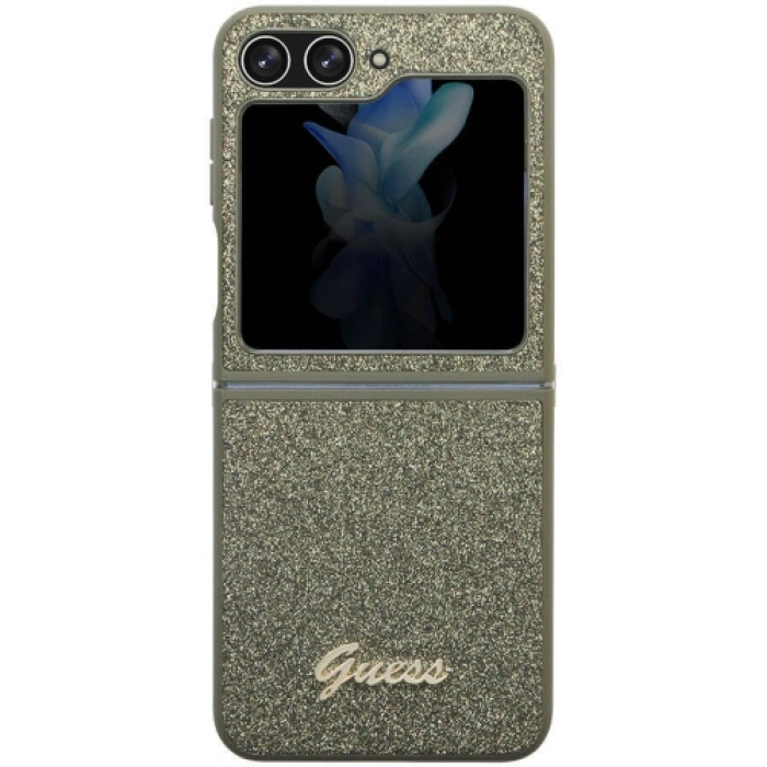 Galaxy Z Flip 5 Kılıf Guess Orjinal Lisanslı Yazı Logolu Glitter Flakes Kapak - Haki