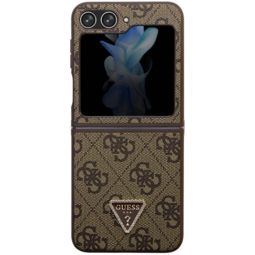 Galaxy Z Flip 5 Kılıf Guess Orjinal Lisanslı PU Deri Taşlı Üçgen Logo 4G Desenli Strass Kapak - Kahve