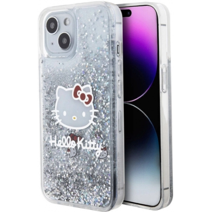 Apple iPhone 15 Kılıf Hello Kitty Orjinal Lisanslı İkonik Sıvılı Glitter Kapak - Şeffaf