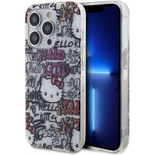 Apple iPhone 15 Pro Kılıf Hello Kitty Orjinal Lisanslı İkonik Logolu Etiket Graffiti Kapak - Beyaz