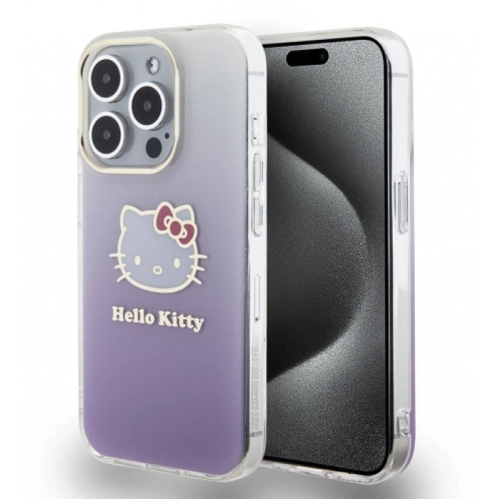Apple iPhone 15 Pro Kılıf Hello Kitty Orjinal Lisanslı Yazı ve İkonik Logolu Elektroplating Kaplama Gradyan Kapak - Mor