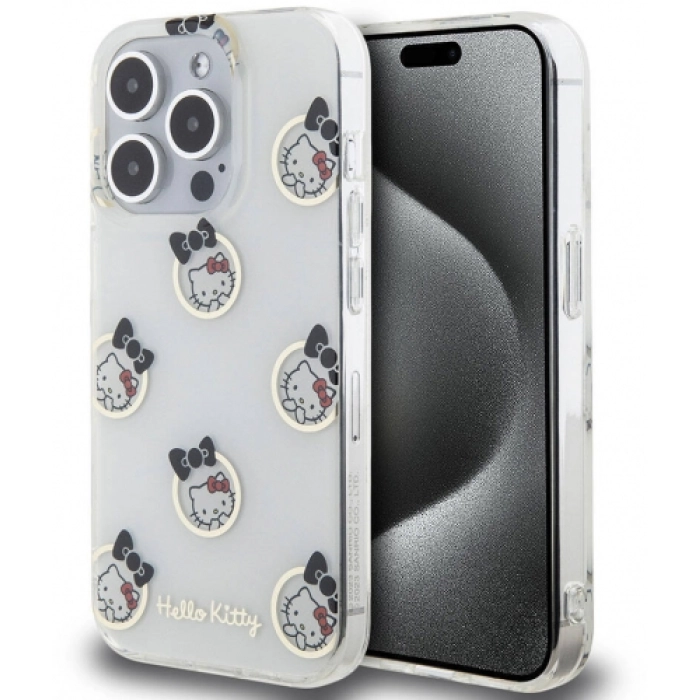 Apple iPhone 15 Pro Kılıf Hello Kitty Orjinal Lisanslı Elektroplating Kaplama Kabarcık Baskılı Kapak - Beyaz