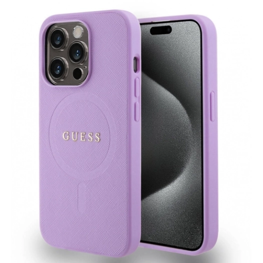 Apple iPhone 15 Pro Kılıf Guess Orjinal Lisanslı Magsafe Şarj Özellikli Yazı Logolu Saffiano Kapak - Mor