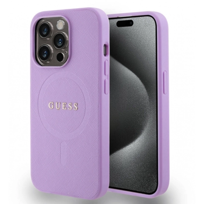 Apple iPhone 15 Pro Kılıf Guess Orjinal Lisanslı Magsafe Şarj Özellikli Yazı Logolu Saffiano Kapak - Mor