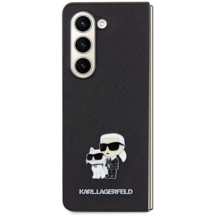 Galaxy Z Fold 5 Kılıf Karl Lagerfeld Orjinal Lisanslı K&C Metal Logolu Saffiano Kapak - Siyah