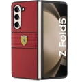 Galaxy Z Fold 5 Kılıf Ferrari Orjinal Lisanslı PU Deri Metal Logolu Multi Çizgili Kapak - Kırmızı