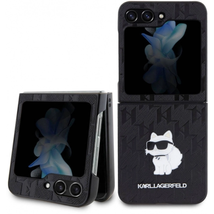 Galaxy Z Flip 5 Kılıf Karl Lagerfeld Orjinal Lisanslı KL Desenli Choupette İkonik Saffiano Kapak - Siyah