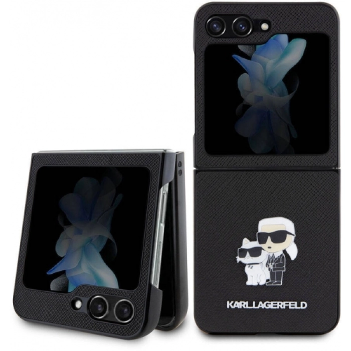 Galaxy Z Flip 5 Kılıf Karl Lagerfeld Orjinal Lisanslı K&C Metal Logolu Saffiano Kapak - Siyah