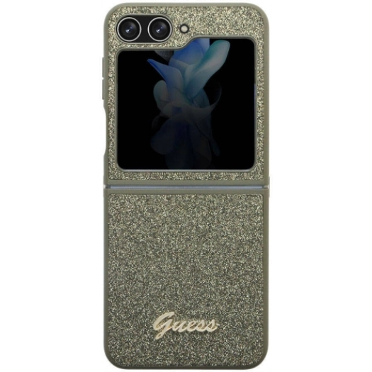 Galaxy Z Flip 5 Kılıf Guess Orjinal Lisanslı Yazı Logolu Glitter Flakes Kapak - Haki