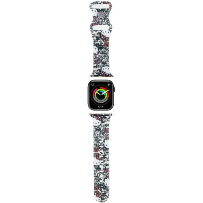 Apple Watch 41mm Hello Kitty Orjinal Lisanslı Etiket Graffiti Silikon Kordon - Krem