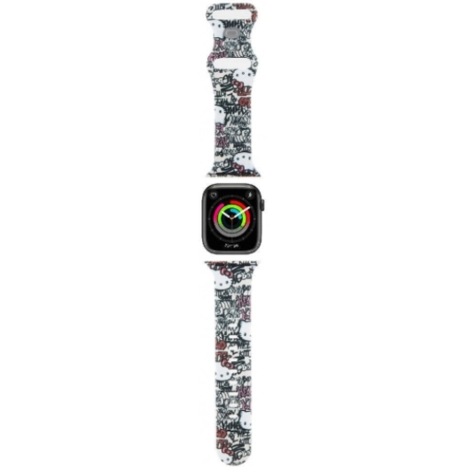 Apple Watch 38mm Hello Kitty Orjinal Lisanslı Etiket Graffiti Silikon Kordon - Krem