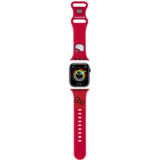 Apple Watch 41mm Hello Kitty Orjinal Lisanslı Yazı Logolu Fiyonk & Kitty Head Silikon Kordon - Kırmızı