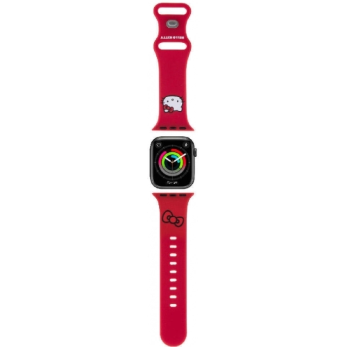 Apple Watch 41mm Hello Kitty Orjinal Lisanslı Yazı Logolu Fiyonk & Kitty Head Silikon Kordon - Kırmızı