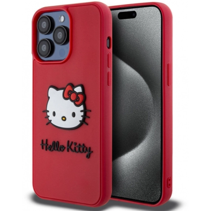 Apple iPhone 15 Pro Max (6.7) Kılıf Hello Kitty Orjinal Lisanslı Yazı ve İkonik Logolu 3D Rubber Kitty Head Kapak - Kırmızı