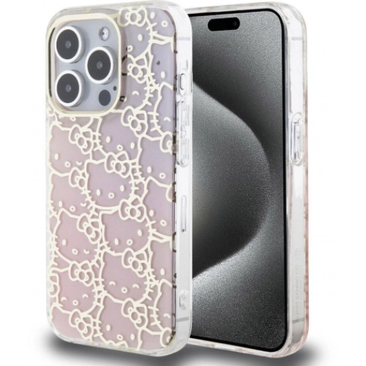 Apple iPhone 15 Pro (6.1) Kılıf Hello Kitty Orjinal Lisanslı Renk Geçişli Elektroplating Kaplama Kitty Head Desenli Kapak - Pembe
