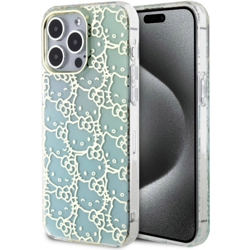 Apple iPhone 15 Pro Max (6.7) Kılıf Hello Kitty Orjinal Lisanslı Renk Geçişli Elektroplating Kaplama Kitty Head Desenli Kapak - Mavi