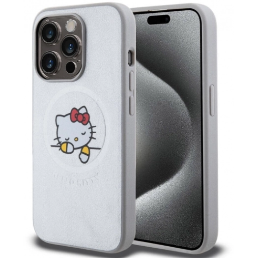 Apple iPhone 15 Pro Max (6.7) Kılıf Hello Kitty Orjinal Lisanslı Magsafe Şarj Özellikli Baskı Logolu Uyuyan Kitty Deri Kapak - Gümüş