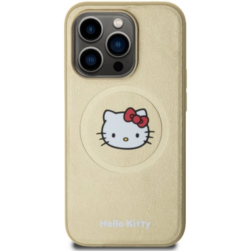 Apple iPhone 15 Pro (6.1) Kılıf Hello Kitty Orjinal Lisanslı Magsafe Şarj Özellikli Kitty Head Deri Kapak - Gold