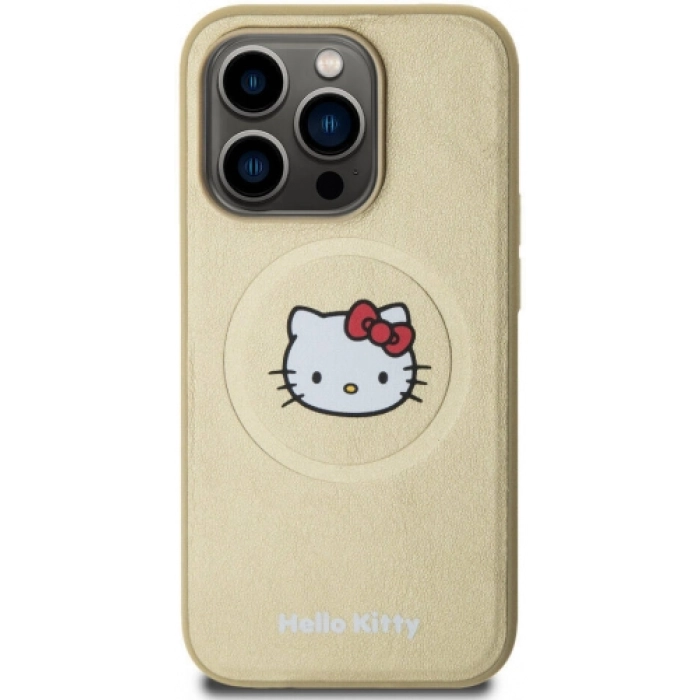 Apple iPhone 15 Pro (6.1) Kılıf Hello Kitty Orjinal Lisanslı Magsafe Şarj Özellikli Kitty Head Deri Kapak - Gold