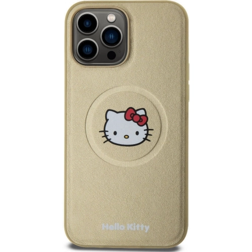 Apple iPhone 15 Pro Max (6.7) Kılıf Hello Kitty Orjinal Lisanslı Magsafe Şarj Özellikli Kitty Head Deri Kapak - Gold
