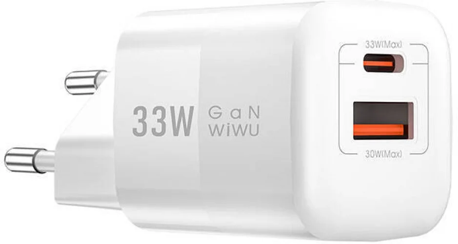 Wiwu Wi-U008 GaN Tech PD Hızlı Şarj Özellikli QC 3.0 Seyahat Şarj Başlığı 33W - Beyaz