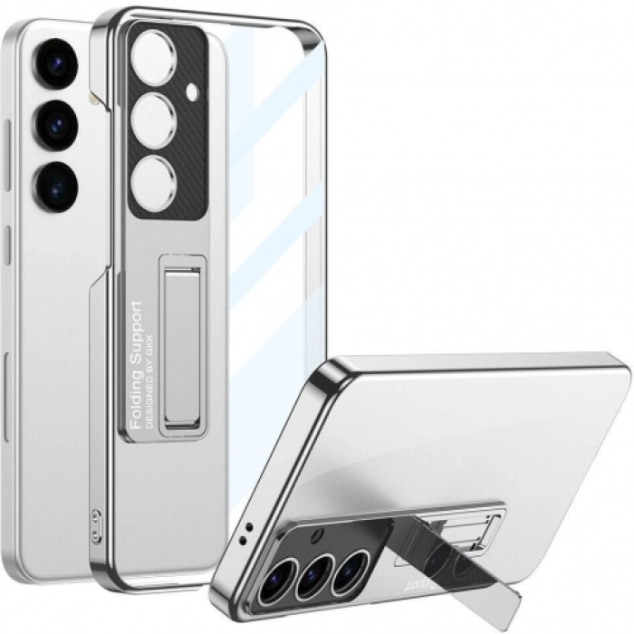 Samsung Galaxy S24 Plus Kılıf Kamera Korumalı Şeffaf Tasarımlı Lego Standlı Kapak - Gümüş