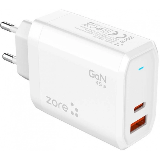 Zore Always-02 GaN Tech Type-C PD4.0 USB-A QC3.0 Hızlı Şarj Özellikli Seyahat Şarj Başlığı 45W - Beyaz