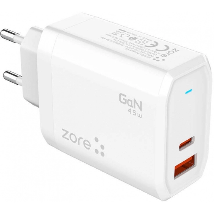 Zore Always-02 GaN Tech Type-C PD4.0 USB-A QC3.0 Hızlı Şarj Özellikli Seyahat Şarj Başlığı 45W - Beyaz