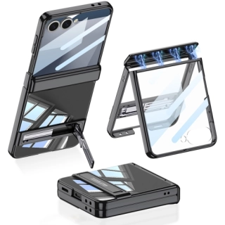 Samsung Galaxy Z Flip 7 Kılıf Kamera Korumalı Şeffaf Tasarımlı Lego Standlı Kapak - Siyah
