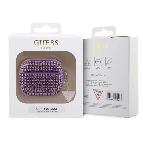 Apple Airpods 3. Nesil Kılıf Guess Orjinal Lisanslı Parıltılı Taş Kaplamalı Üçgen Logo Süs Zincirli Kapak - Gold