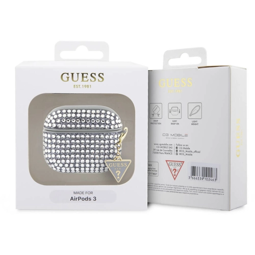 Apple Airpods 3. Nesil Kılıf Guess Orjinal Lisanslı Parıltılı Taş Kaplamalı Üçgen Logo Süs Zincirli Kapak - Pembe
