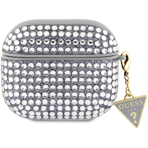 Apple Airpods 3. Nesil Kılıf Guess Orjinal Lisanslı Parıltılı Taş Kaplamalı Üçgen Logo Süs Zincirli Kapak - Mor