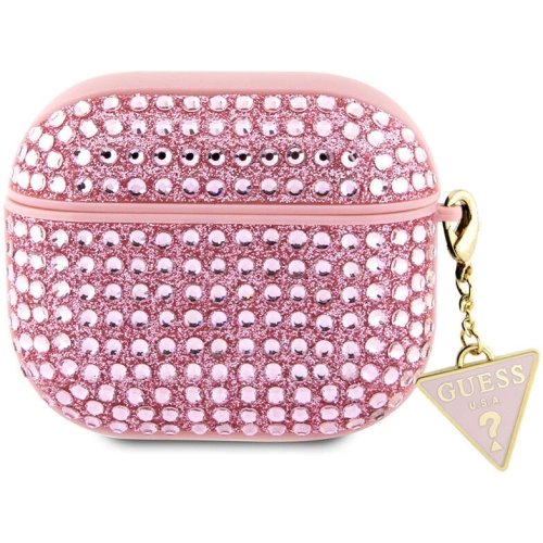 Apple Airpods 3. Nesil Kılıf Guess Orjinal Lisanslı Parıltılı Taş Kaplamalı Üçgen Logo Süs Zincirli Kapak - Gümüş