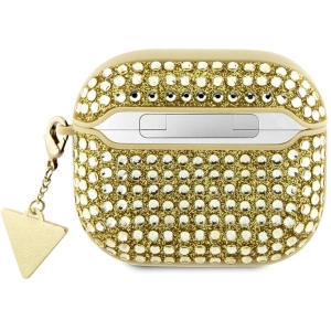 Apple Airpods 3. Nesil Kılıf Guess Orjinal Lisanslı Parıltılı Taş Kaplamalı Üçgen Logo Süs Zincirli Kapak - Gold