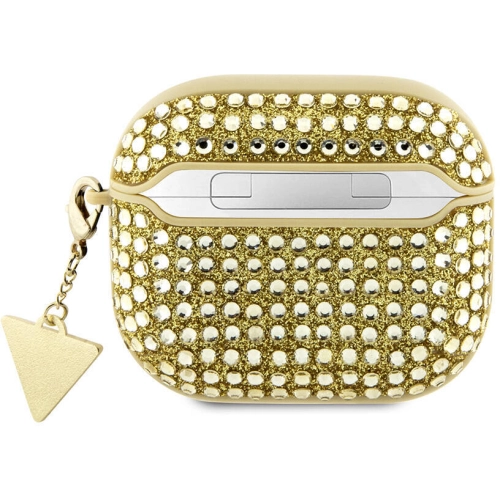 Apple Airpods 3. Nesil Kılıf Guess Orjinal Lisanslı Parıltılı Taş Kaplamalı Üçgen Logo Süs Zincirli Kapak - Gold