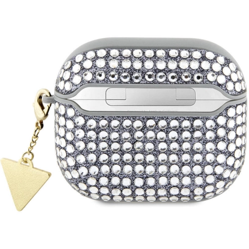 Apple Airpods 3. Nesil Kılıf Guess Orjinal Lisanslı Parıltılı Taş Kaplamalı Üçgen Logo Süs Zincirli Kapak - Gümüş